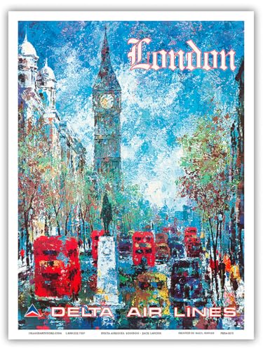 London England Delta Air Lines Big Ben Elizabeth Tower Vintage Fluggesellschaft Reise Poster von Jack Laycox 1970er Jahre – Master Art Print 22,9 x 30,5 cm von Pacifica Island Art