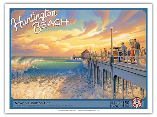 Pacifica Island Art - Besuchen Sie Huntington Beach - Kalifornien - Pazifik Elektrik (Red Car-System) - Retro Eisenbahn Plakat von Kerne Erickson - Kunstdruck 23 x 31 cm von Pacifica Island Art