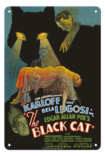 Pacifica Island Art Filmposter, Motiv Edgar Allan Poe's The Black Cat - Starring Boris Karloff, Bela Lugosi - Vintage Film Poster c.1934 - Fine Art Print 8 x 12 in Tin Sign Mehrfarbig von Pacifica Island Art