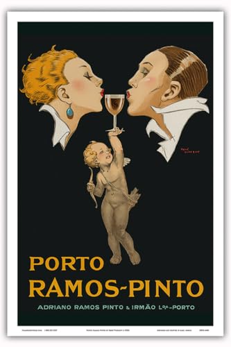 Porto Ramos-Pinto - Küssendes Art-Deco Paar - Cupido hält ein Glas Portwein - Adriano Ramos Pinto & Irmão Lda-Porto - Altes Vintage Retro Werbe Plakat von René Vincent c.1920s - Kunstdruck - 31cm x 46cm von Pacifica Island Art