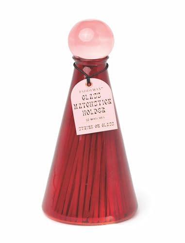 Paddywax Streichholzhalter mit Striker Glass Volcano Flasche mit Sicherheitsstreichhölzern im Lieferumfang enthalten, Glas, rot, 80-Count von Paddywax