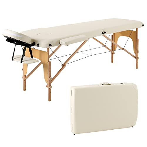 Panana 2-Zonen Massageliege Tragbare Massagebank Höhenverstellbarer Massagetisch mit Kopfstütze und Abnehmbare Armlehnen aus Holz (Beige) von Panana