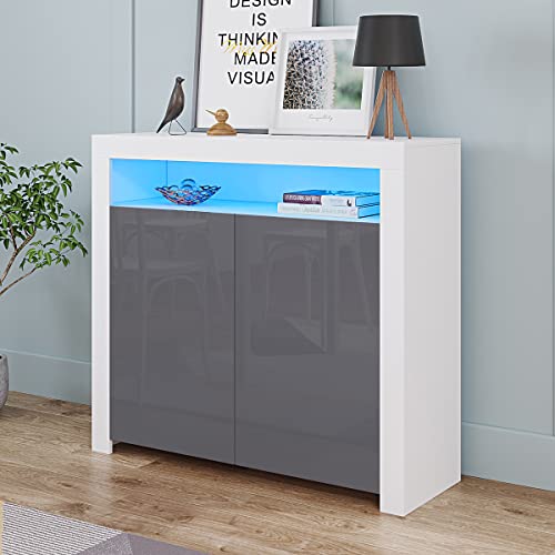 Panana Anrichte Schrank mit LED-Leuchten Kommode Sideboard Beistellschrank mit 4 Ablagefächern + 2 Türen für Esszimmer Wohnzimmer Küche, 107 x 35 x 97 cm (Weiß+Grau) von Panana