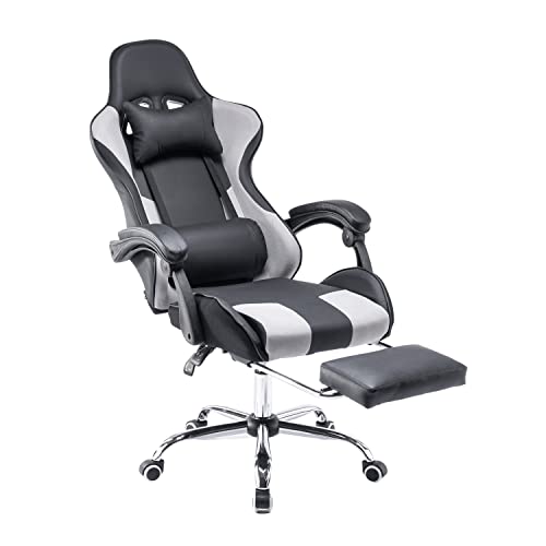 Panana Gaming-Stuhl Bürostuhl ergonomisch mit verstellbarem Lendenkissen, Kissen, Kunstleder, Gepolsterter Armlehne Schreibtischstuhl (Grau) von Panana