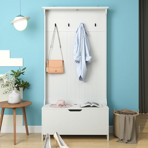 Panana Garderobenständer, Garderobe mit Sitzfläche, Kleiderständer mit 4 Haken und Sitzbank, 180cm hoch für Wohnzimmer, Eingang, Flur，MDF, weiß, 92,5 x 35 x 180 cm von Panana