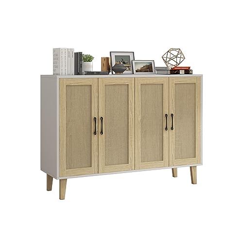 Panana Sideboard mit Rattangeflecht 4 Türen Sideboard TV-Schrank Schubladenkommode Holz Mehrzweckschrank für Flur Schlafzimmer Wohnzimmer Esszimmer (Weiß) von Panana