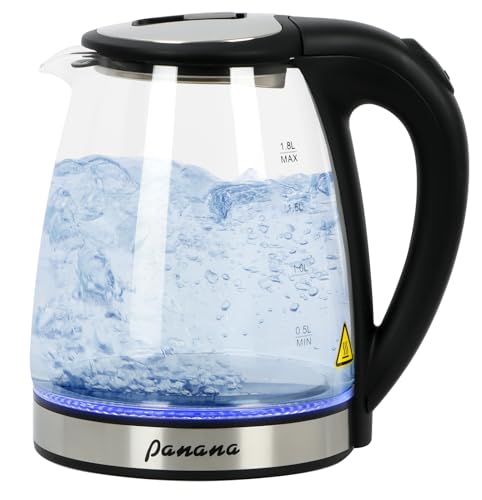 Panana Wasserkocher Glas, BPA Frei, 1,8 L, 1800W, Kettle mit blau LED, Trockenaufschutz, 360° Edelstahl Sockel, Schnelles Aufheizen von Panana