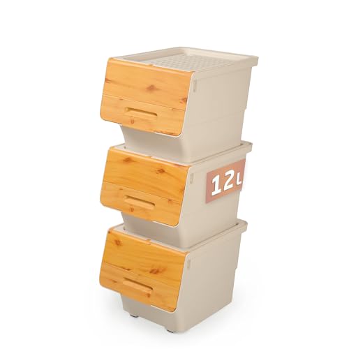 Parpalinam 3x12 lt Set Aufbewahrungsbox mit Deckel und Rollen, Stapelbare Robuste Aufbewahrungsboxen, Hochwertige Kartoffel Ordnungsboxen, BPA-frei & Lebensmittelechte Organizer (Bambu/Weiß Desing) von Parpalinam
