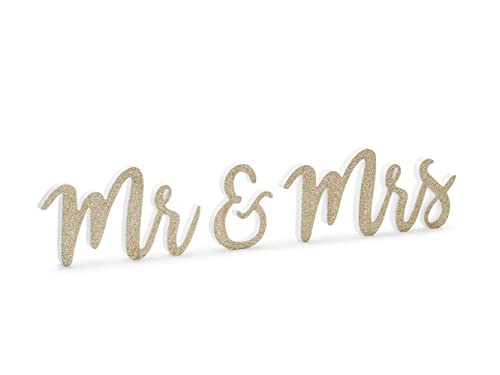 Holzschilder für Hochzeiten, mit Glitzer, Motiv Mr Mrs, goldfarben von PartyDeco