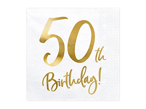 Servietten 50. Geburtstag 33x33 cm 3-lagig 20 Stück Papierservietten Servierten für Geburtstag und Party weiß Gold Bedruckt von PartyDeco