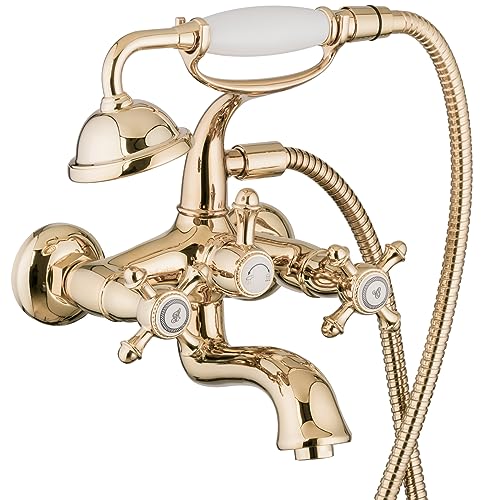 PaulGurkes Badewannenarmatur Gold Retro Zweigriffmischer Antik Armatur mit Brause von PaulGurkes