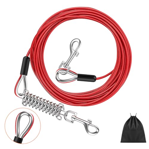 Pawaboo Hund Tie Out Leine, 25ft Tie-Out Kabel für Kleine bis Große Hunde bis zu 125 Pfund, Heavy Duty Haustiere Leine mit 360° Drehhaken und Schraubverschluss (125lbs, 25ft, Rot) von Pawaboo