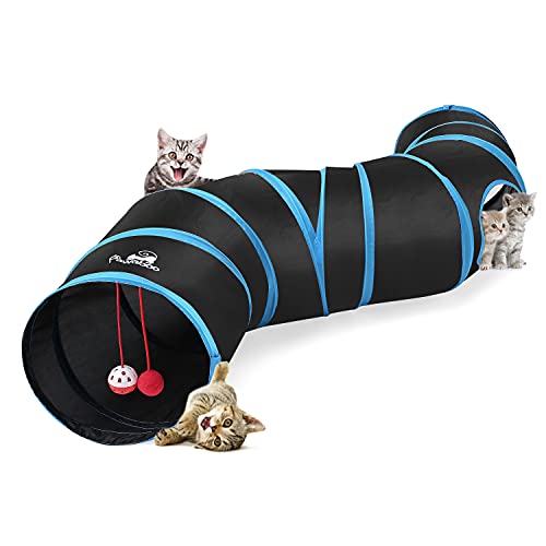 Pawaboo Katzenspielzeug, S Förmiger Katzentunne mit Ball und Glocken Faltbar Rascheltunnel Katze Katzentunnel für Hunde Welpeln Kaninchen und Kleintiere Haustier, Schwarz und Himmelblau von Pawaboo
