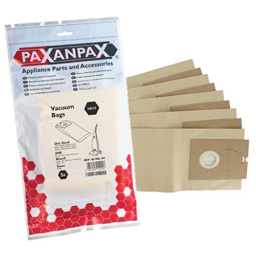 Paxanpax VB174 kompatible Papiertüten Dirt Devil Arion DD6060 Argos ProAction VC9330 JMB 800, 1200, 1400, U3000 Swan SU300H Serie (5 Stück) von Paxanpax