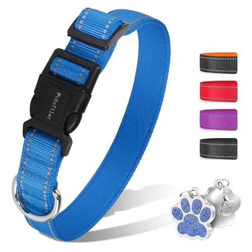PcEoTllar Hundehalsband Gepolstert, Reflektierend Hunde Halsband für Kleine Hunde, Verstellbare Hundehalsband für Grosse Hund, Weich Neopren Halsbänder, Blau (25-35cm) von PcEoTllar