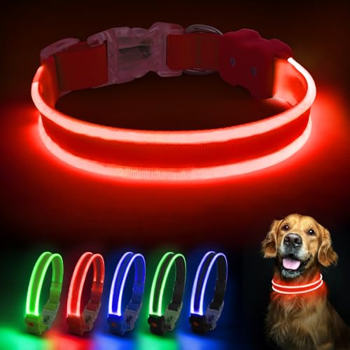 PcEoTllar Hundehalsband Leuchtend, Leuchthalsband Hund Aufladbar LED Halsband für Kleine Mittlere Große Hunde mit 3 Blinkmodi Sicherheit Wasserdichtes Einstellbare, Rot-L von PcEoTllar