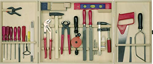 Pebaro 415 Profi-Werkzeugschrank, 30 Teile, komplettes Set im Holzschrank, hochwertige massive Werkzeuge, Bastelset inkl. Hammer, Sägen, Zangen, Feilen, Werkzeugkasten für Kinder, Geschenkidee von Pebaro