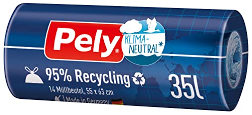 Pely Zugband Müllbeutel aus 95% Recyclingmaterial 35 Liter - klimaneutralisiert durch Kompensation, Vorteilspack (16 x 14 Stück), für die Entsorgung von pely