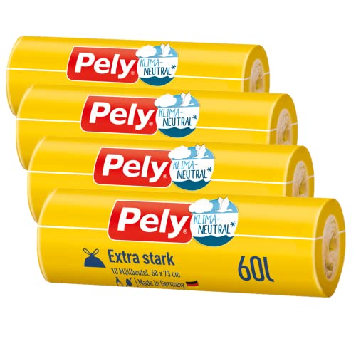 Pely Zugband Müllbeutel extra stark - klimaneutralisiert durch Kompensation, Vorteilspack (4 x 10 Stück), gelb, für die Entsorgung von Restabfall (60 Liter) von pely
