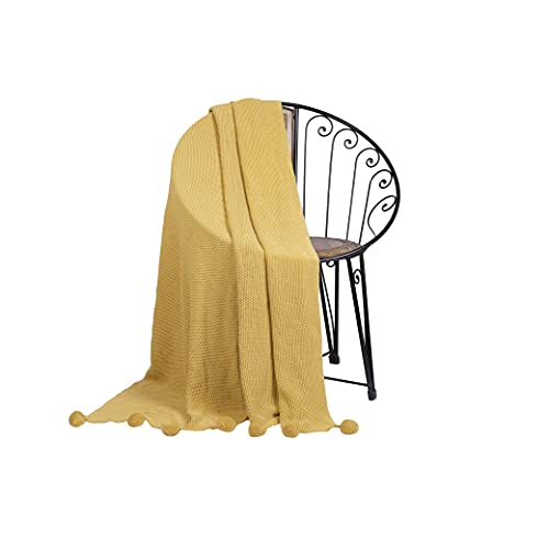 Penguin Home® Gestrickte Überwurfdecke mit Pompons, 100% Baumwolle, Ockerfarben, mit extra weicher Haptik für Sofa, Couch und Bett, warme und gemütliche Decke, 130 x 150 cm von Penguin Home
