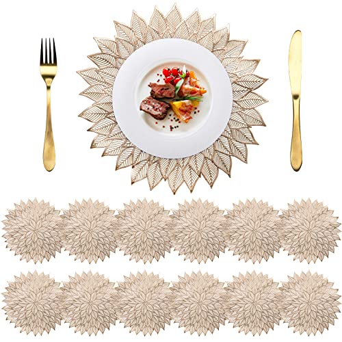 Peohud Platzsets Gold Runde Gepresste Vinyl Tischsets, 12er Set Rutschfeste Waschbare Metallische Tischsets, Gold Weihnachten Hochzeit Akzent Tafelaufsatz Tischsets für Abendessen Tischdekoration,37cm von Peohud