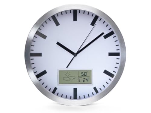 Perel Wanduhr, rund, analog, 25 cm, LCD-Display mit Thermometer, Hygrometer und Wettervorhersage, Aluminium, Silber von Perel