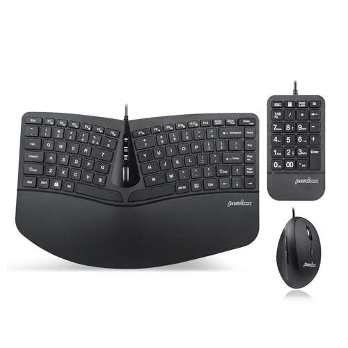 Perixx PERIDUO-406A, 3-in-1 Wired Compact Ergonomic Keyboard with Vertical Mouse and Numeric Keypad - Adjustable Palm Rest - Tilt Wheel - Membrane Low Profile Keys - US English Layout von Perixx