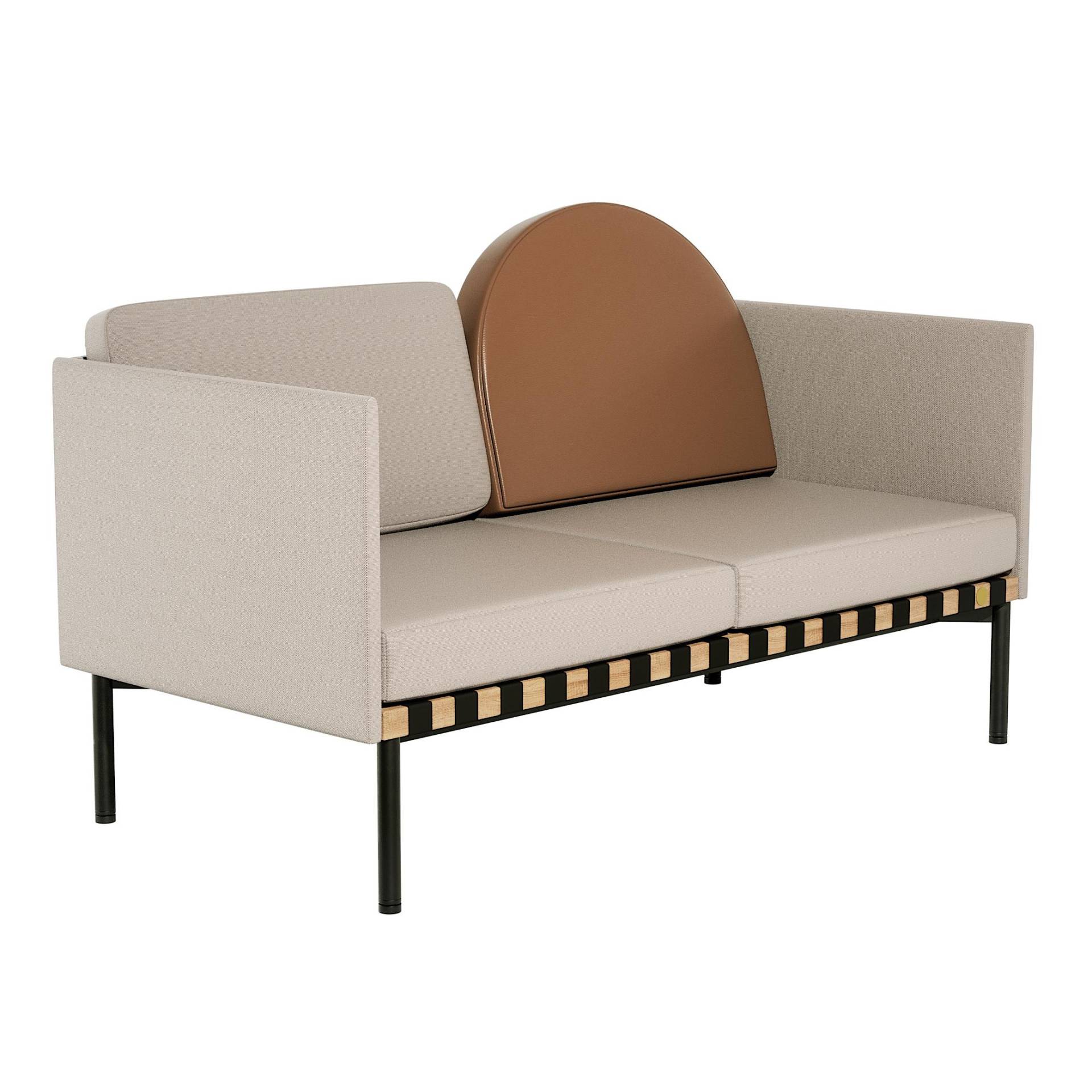 Petite Friture - Grid 2-Sitzer Sofa mit 2 Armlehnen Gestell Eiche - beige-grau/Stoff Canvas 2 244/Rückenkissen Leder/146x71x92cm/Füße Stahl schwarz be von Petite Friture