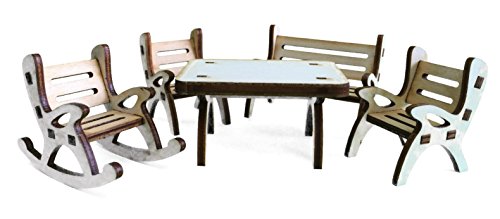 Petra's Bastel News 5-teilige Tischgruppe, bestehend Tisch, Gartenbank, 1 x Schaukelstuhl und 2 Stühle aus Holz, ca. 4cm von Petra's Bastel News