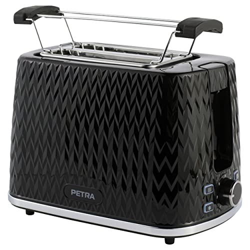 Petra PT3860BLKVDEEU10 2 Scheiben Toaster – mit Brötchenaufsatz, 7 Variabel Bräunungsstufen, Auftauen, Aufwärm & Abbruchfunktion, Abnehmbare Krümelschublade, 930W, Chevron Design, Kabelaufbewahrung von Petra