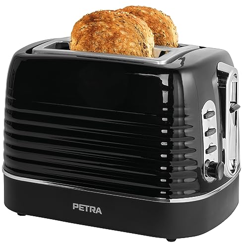 Petra PT5573BLKVDE Toaster – 2 Toastschlitze mit integrierter Brötchen-Warmhalterung für Gebäck, 6 variable Bräunungsstufen, Auftauen/Aufwärm/Stopp-Funktionen, herausnehmbare Krümelschublade, 1050 W von Petra