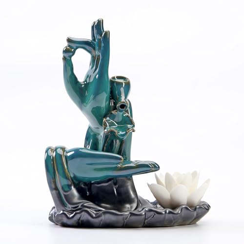 Pevfeciy Rückfluss räuchergefäß Keramik Räucherwasserfall Buddhas Hand Räucherstäbchenhalter Backflow Incense Burner für Home, Zen,Yoga Spa,Meditation,Heimbüro-Dekoration,15x19cm,Blau von Pevfeciy