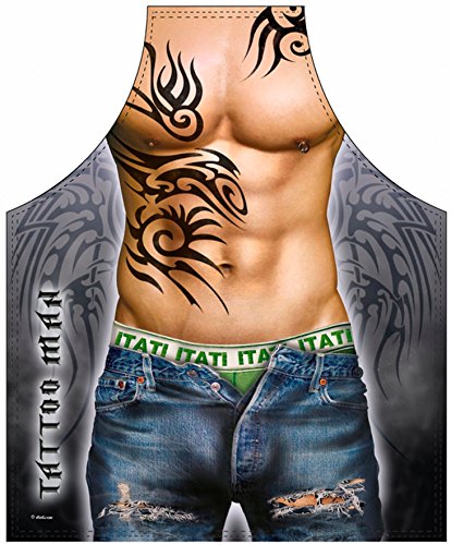 Grill - Koch Schürze - Muskulöser Mann mit Tattoos von Pfiffig-Wohnen