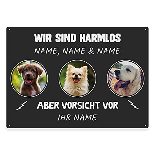 Hunde Schild personalisiert - Ich bin harmlos, aber Vorsicht vor - Metallschild mit Foto und Name für außen, wetterfestes Türschild für Hundebesitzer - ca. DIN A4-28 x 20 cm, drei Tiere, anthrazit von PfotenSchild