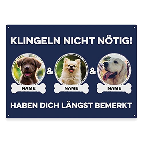 Hunde Schild personalisiert - Klingeln nicht nötig - Metallschild mit Foto und Name für außen, wetterfestes Türschild für Hundebesitzer - ca. DIN A4-28 x 20 cm, drei Tiere, blau von PfotenSchild