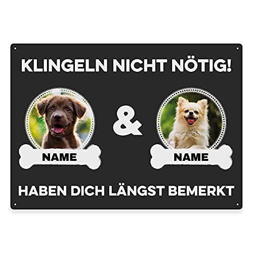 Hunde Schild personalisiert - Klingeln Nicht nötig - Metallschild mit Foto und Name für außen, wetterfestes Türschild für Hundebesitzer - ca. DIN A4-28 x 20 cm, Zwei Tiere, anthrazit von PfotenSchild