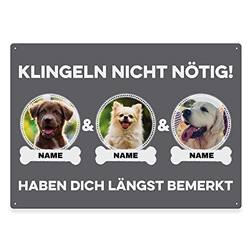 Hunde Schild personalisiert - Klingeln nicht nötig - Metallschild mit Foto und Name für außen, wetterfestes Türschild für Hundebesitzer - ca. DIN A4-28 x 20 cm, drei Tiere, grau von PfotenSchild