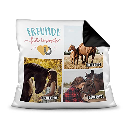 Pferde Kissen mit Füllung - Fotocollage - Pferdefreunde für Immer - mit DREI Fotos selbst gestalten - Geschenk für Pferdeliebhaber - Farbkissen Rückseite Schwarz, 40 x 40 cm von PfotenSchild