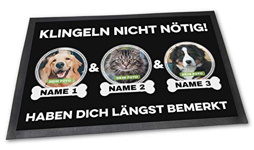 PfotenSchild Fußmatte mit DREI Hunden - Klingeln Nicht nötig - Personalisiert mit WUNSCHFOTOS und Wunschnamen Hundebesitzer - 75 x 50 cm von PfotenSchild