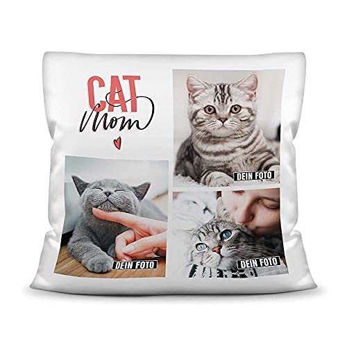 PfotenSchild Katzen Kissen mit Füllung - Fotocollage - Cat Mom - mit DREI Fotos selbst gestalten - Geschenk für Katzenliebhaber - Weiß, 40 x 40 cm von PfotenSchild