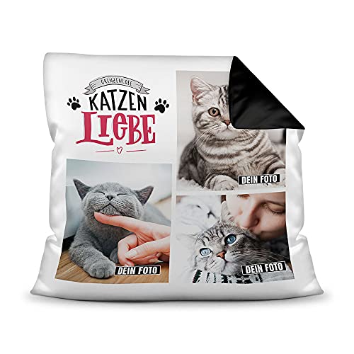 PfotenSchild Katzen Kissen mit Füllung - Fotocollage - Katzenliebe - mit DREI Fotos selbst gestalten - Geschenk für Katzenliebhaber - Farbkissen Rückseite Schwarz, 40 x 40 cm von PfotenSchild