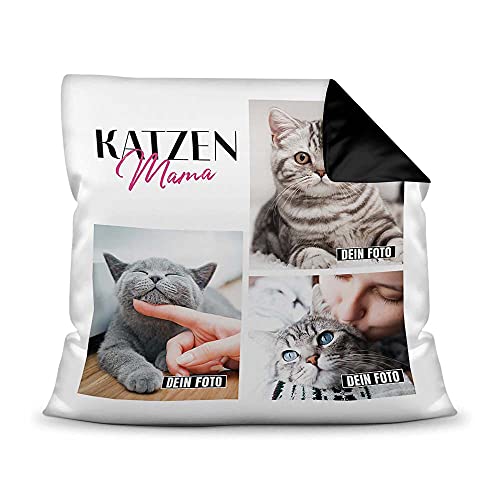 PfotenSchild Katzen Kissen mit Füllung - Fotocollage - Katzenmama - mit DREI Fotos selbst gestalten - Geschenk für Katzenliebhaber - Farbkissen Rückseite Schwarz, 40 x 40 cm von PfotenSchild