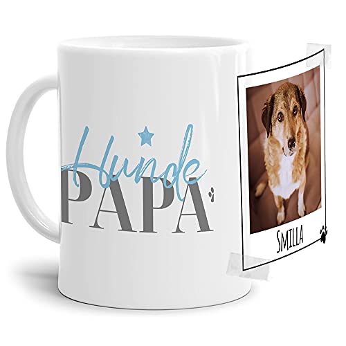 Tasse mit Spruch - Collage personalisieren - Hundepapa - Hundetasse - Für Hundeliebhaber und Hundebesitzer - 1 Bild + 1 Name, Weiß, 300 ml von PfotenSchild