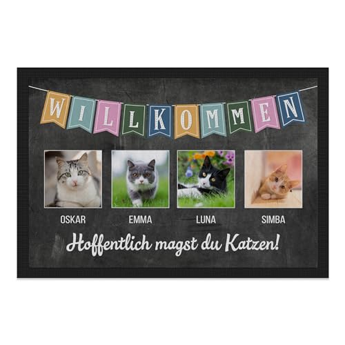 PfotenSchild personalisierte Fußmatte mit Vier Katzen selbst gestalten - Hoffentlich magst du Katzen - individuell mit Fotos & Katzennamen für Katzenbesitzer - 75 x 50 cm von PfotenSchild