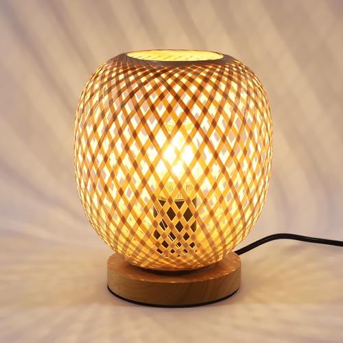 Pheashine Tischlampe Bambus,Tischleucht Dimmbar Sockel aus Holz Nachttischlampe E27 Fassung mit Kabel für Wohnzimmer Schlafzimme von Pheashine