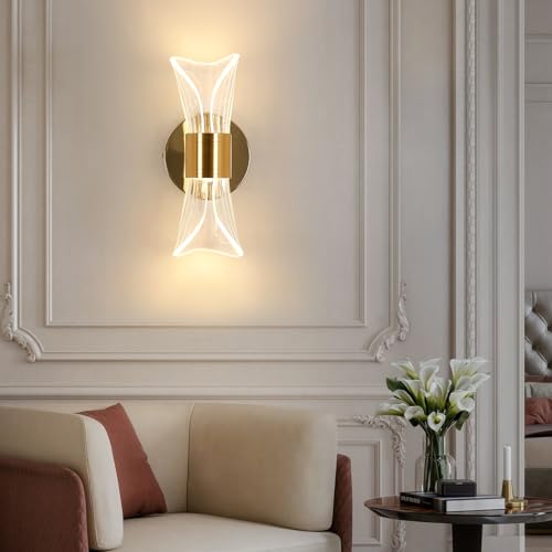 Pheashine Wandlampe LED Innen, 12W Modern Gold Wandleuchte Dimmbar mit 3 Lichtfarben (3000K -6500K) Acryl Wandleuchte Wandbeleuchtung für Wohnzimmer, Schlafzimmer, Wohnzimmer, Flur von Pheashine
