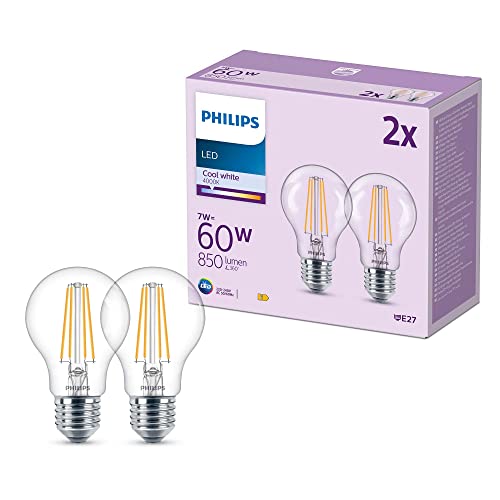 Philips Classic LED E27 Lampe, 60W, klar, neutralweiß, nicht dimmbar, Doppelpack von Philips Lighting