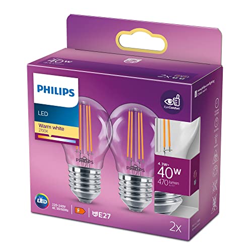 Philips LED Classic E27 Lampe, 40 W, Tropfenform, klar, warmweiß, Doppelpack von Philips Lighting