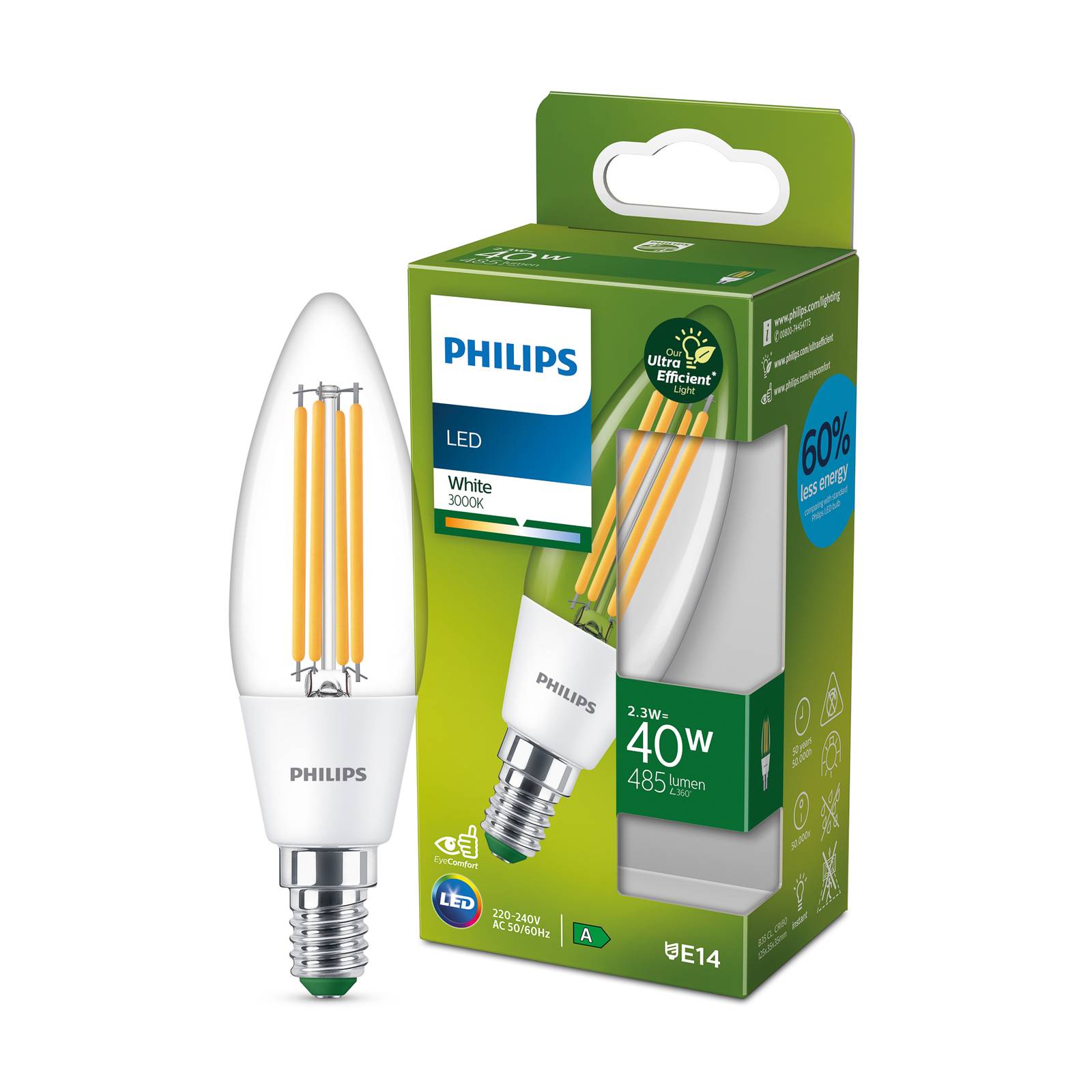 Philips LED-Kerzenlampe E14 2,3W 485lm klar 3.000K von Philips