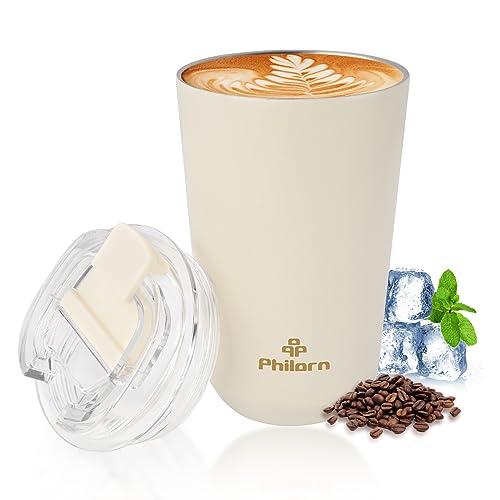 Philorn Thermobecher Kaffee to go Becher - 13oz/380ml Kaffeebecher to go mit Deckel - Weiß Auslaufsicher Coffee to go Becher Thermo aus Edelstahl, Wiederverwendbar Kaffee Thermobecher von Philorn